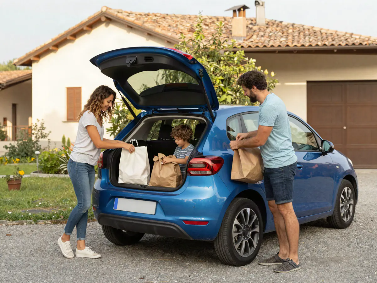 Famiglia che carica i bagagli in un'auto a noleggio a lungo termine